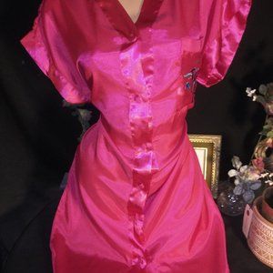 Vtg Satin Sleep Shirt luxurious fabric Pink Gown Lounge Blouse Nightie tunic top